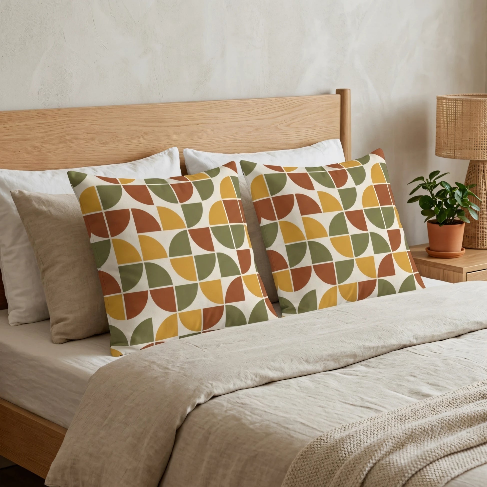 Pair of decorative pillows with a retro semi-circle pattern in earthy tones on a modern bed with a wooden headboard and wicker lamp.