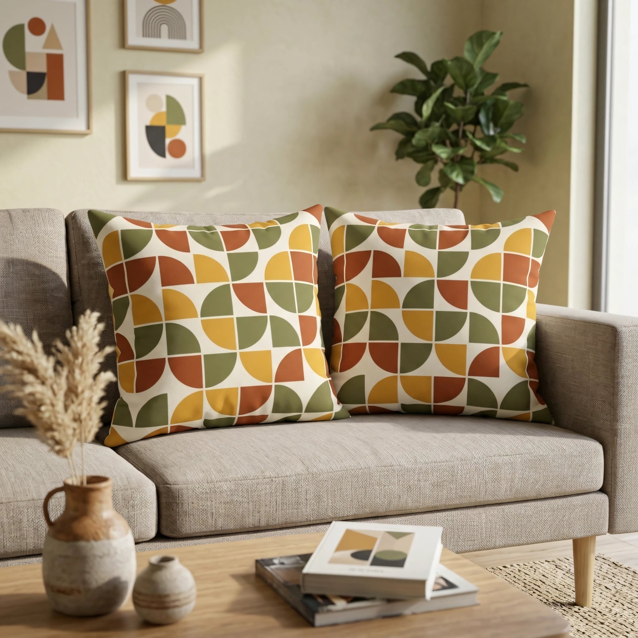 Duo of throw pillows with a retro geometric pattern in olive, ochre, and terracotta on a beige sofa in a cozy, sunlit minimalist living room.