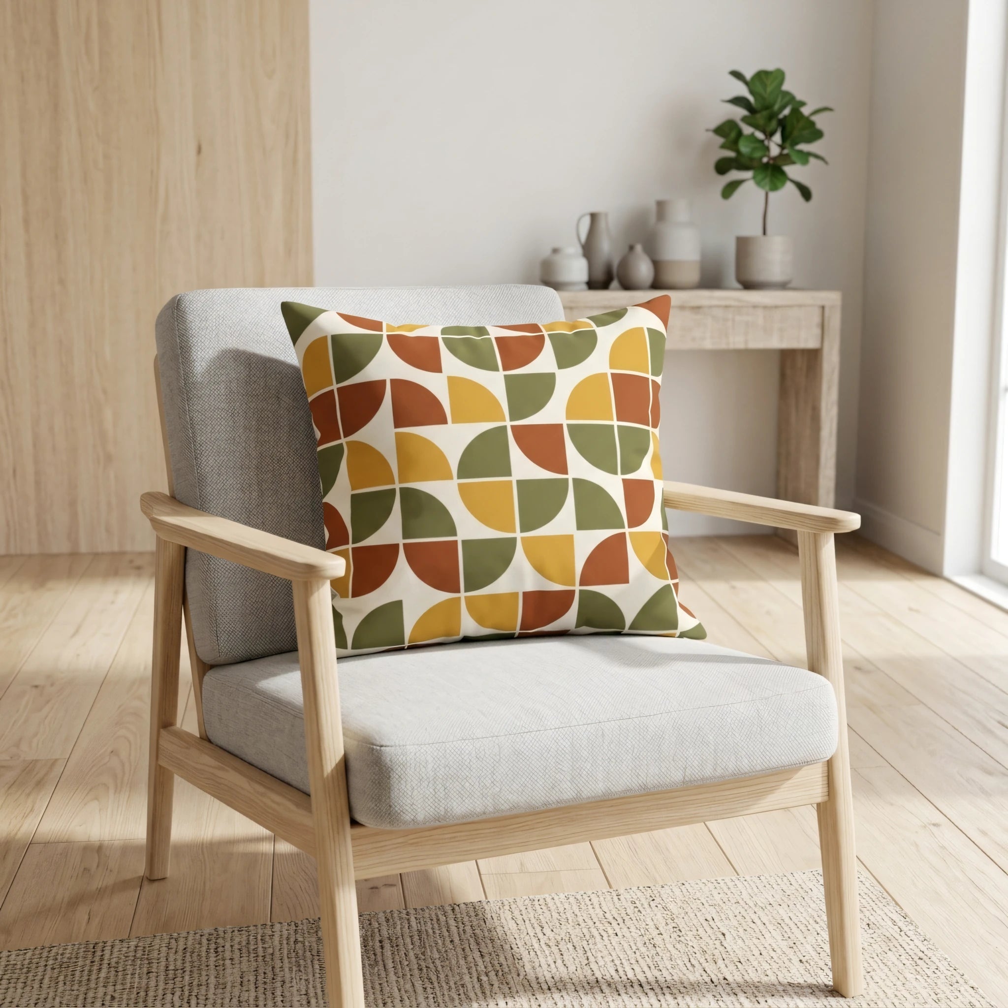 Geometric mid-century pillow with olive, yellow, and orange patterns on a gray armchair in a minimalist interior with light wood accents.
