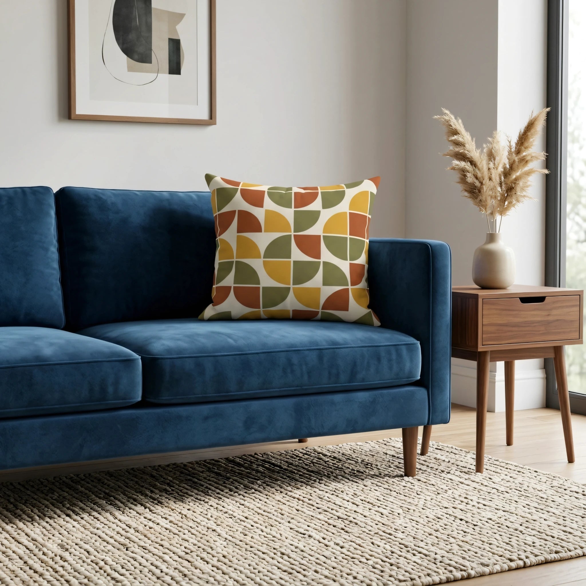 Geometric throw pillow with mustard, orange and olive patterns on a blue velvet sofa in a modern living room with a wooden side table.