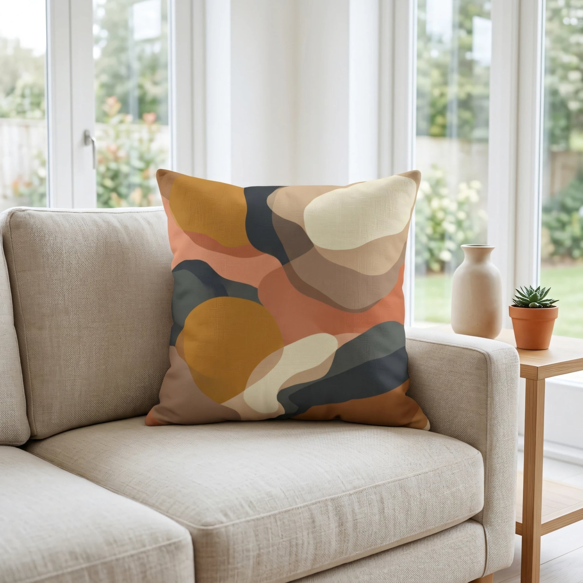 Abstract earth-toned throw pillow with organic shapes on a beige sofa in a bright, sunlit living room featuring garden views.