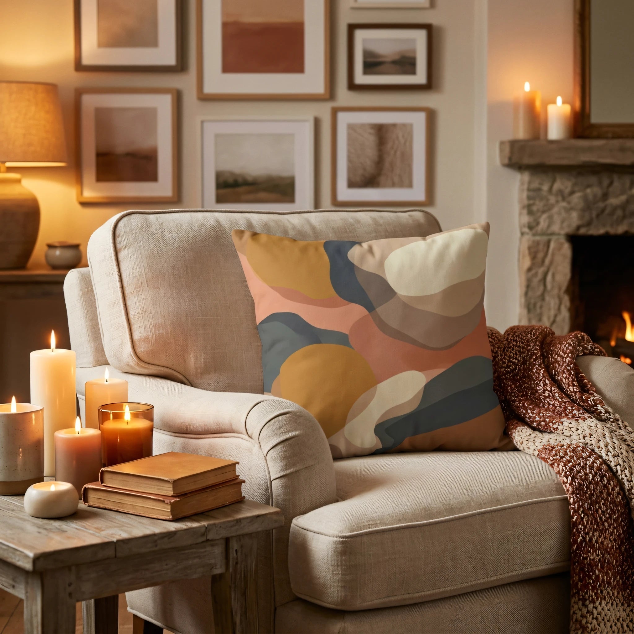 Abstract pattern cushion with mustard and terracotta shapes on a neutral armchair in a cozy room with warm candlelight and a fireplace.
