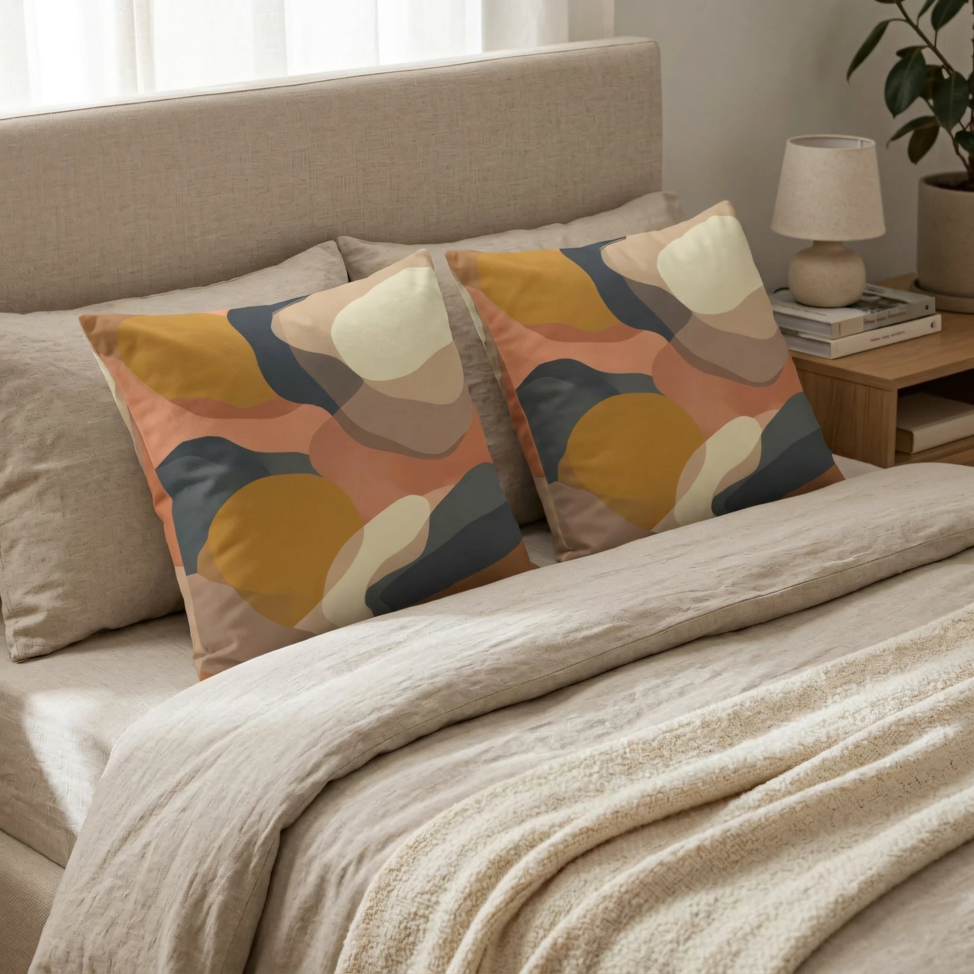 Two cushions with abstract organic patterns in terracotta and mustard yellow on a neutral linen bed in a cozy, modern bedroom lifestyle setting.