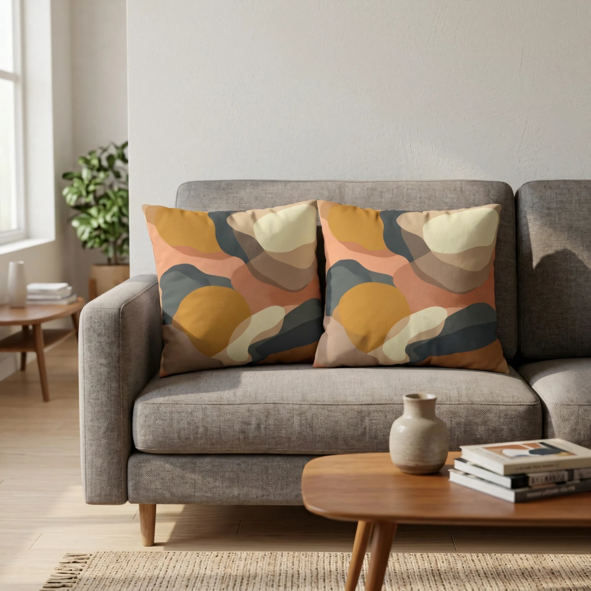 Two cushions with abstract organic shapes on a grey sofa. Modern living room scene featuring throw pillows in mustard yellow, terracotta, and teal.