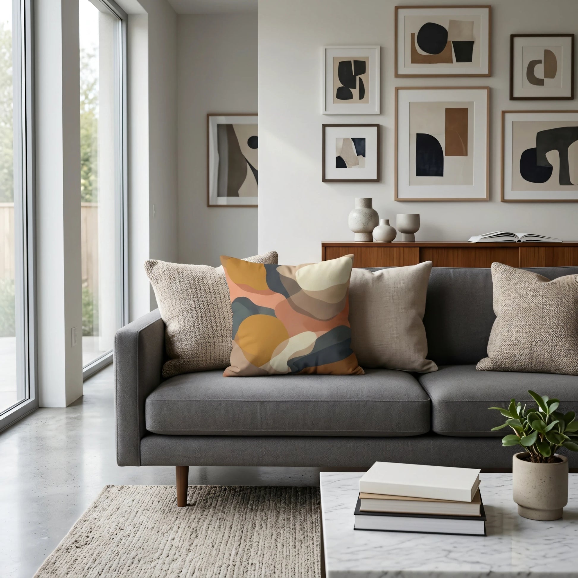 Decorative abstract art cushion in terracotta and navy tones on a grey sofa in a bright, modern living room with gallery wall decor.