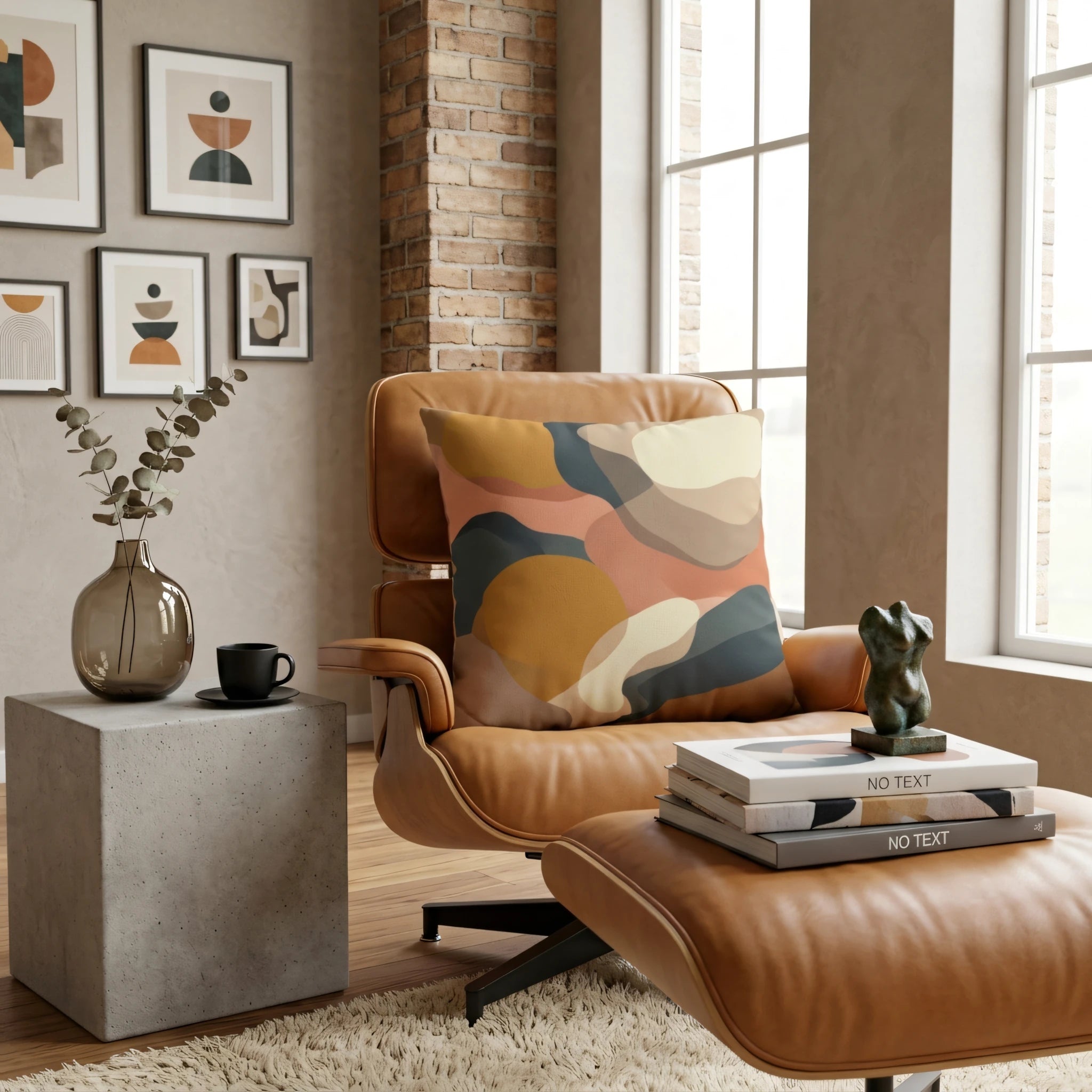 Modern abstract throw pillow with earthy tones on a tan leather armchair in a cozy living room with natural light and minimalist home decor.