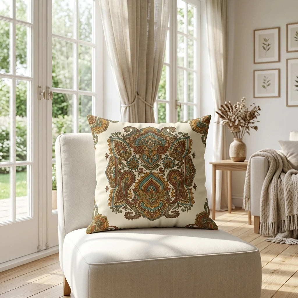 Ornate bohemian throw pillow with rust and teal paisley pattern on a white chair in a bright, sunlit living room with neutral home decor.