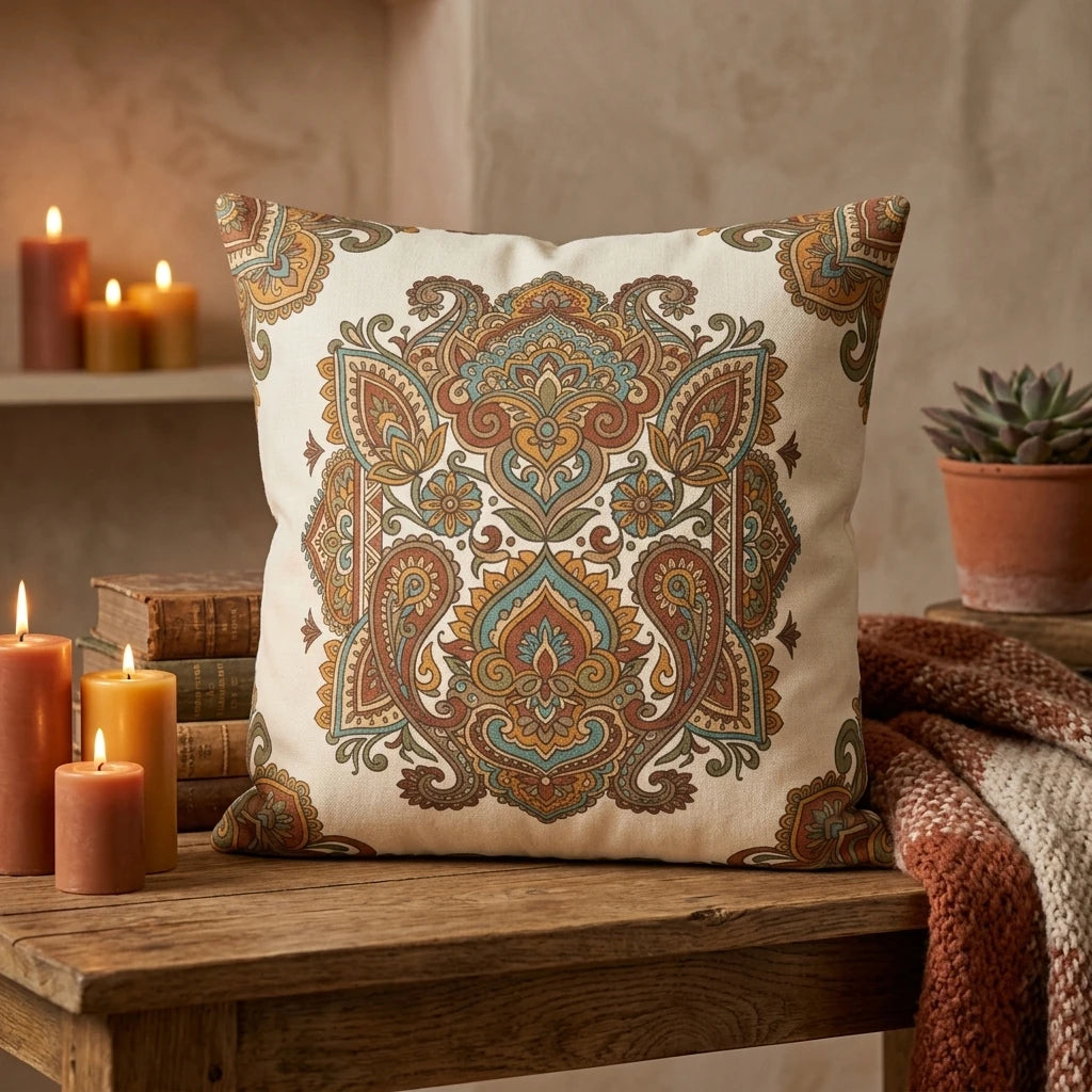 Decorative throw pillow with an orange and teal paisley pattern on a rustic table with candles and books. Cozy bohemian home decor scene.