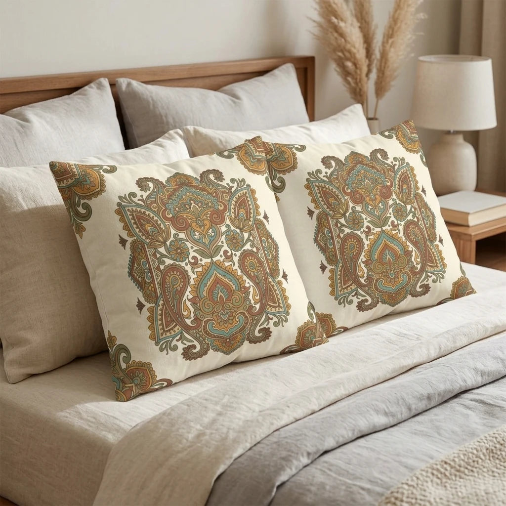 Two decorative pillows with a teal and gold paisley pattern on a neutral bed in a cozy bedroom setting with a wooden headboard.