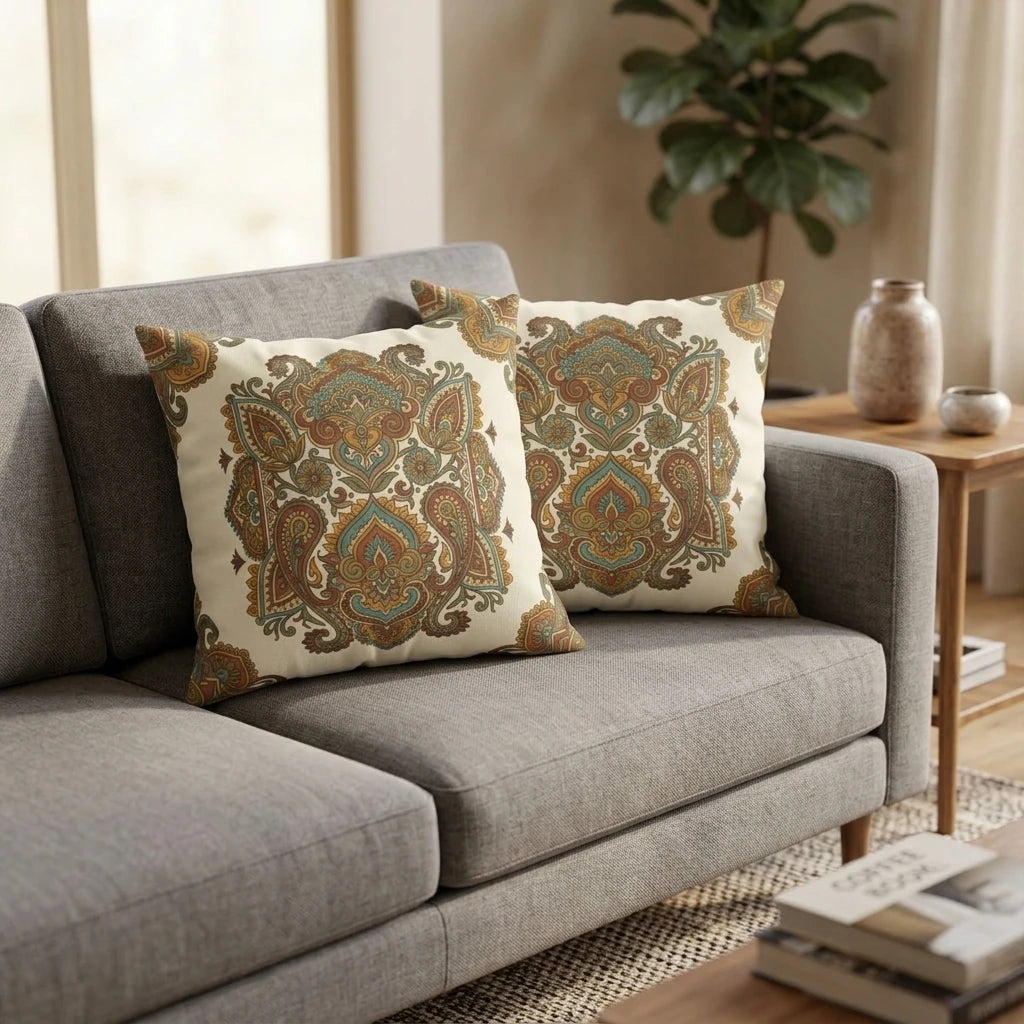 Bohemian paisley cushions with vintage teal and rust patterns on a gray sofa, styled in a minimalist living room interior.