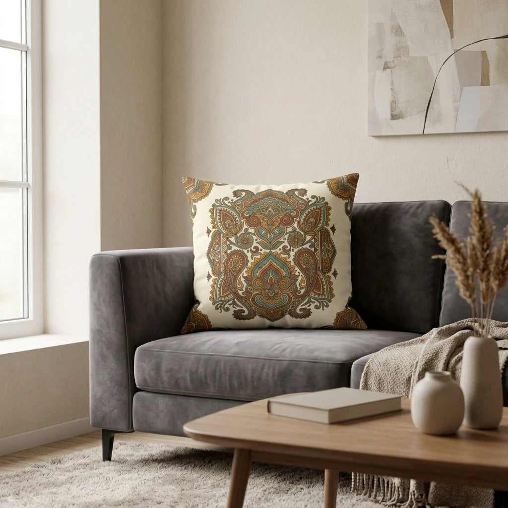 Decorative paisley cushion in teal and terracotta on a grey velvet sofa in a bright, modern living room lifestyle setting.