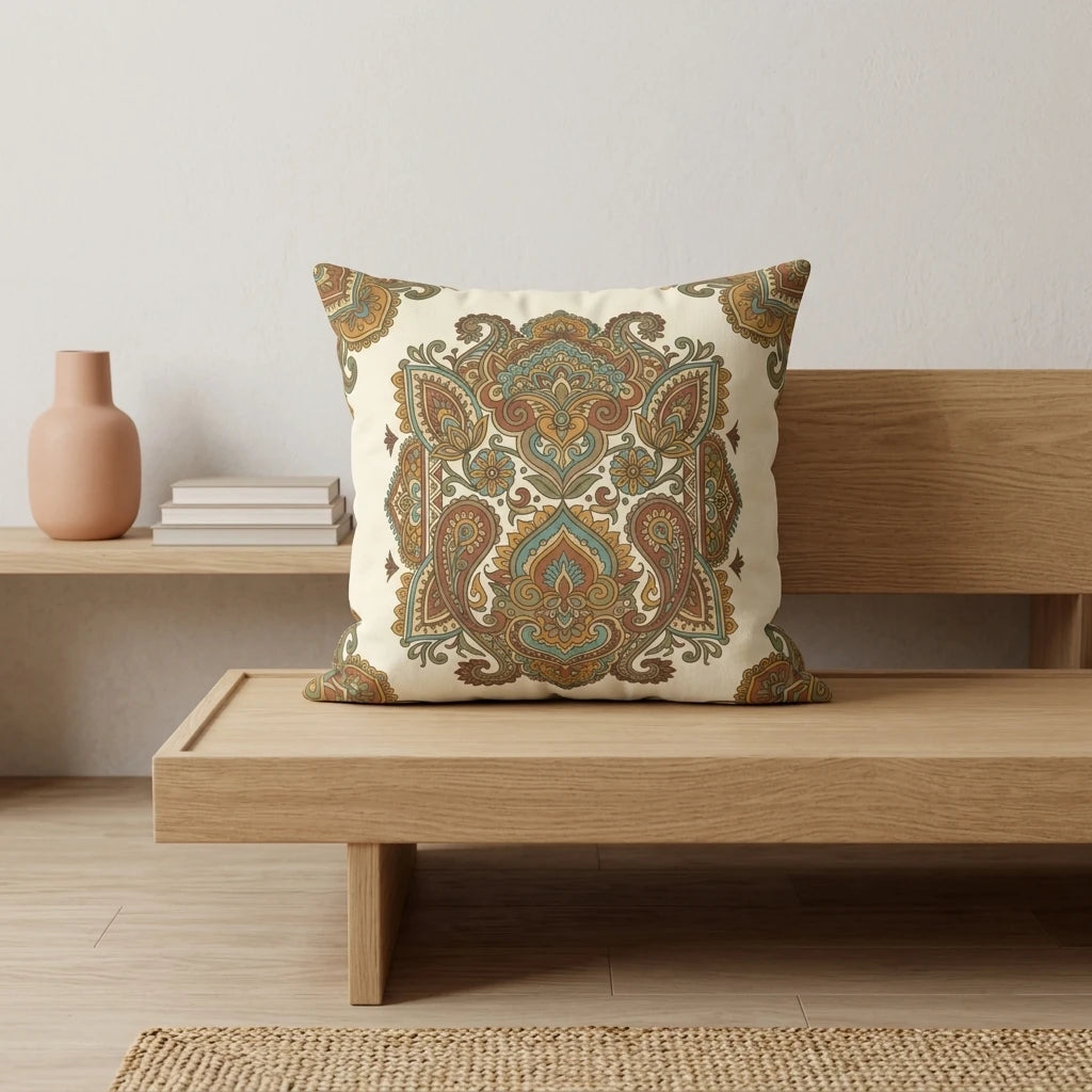 Ornate paisley pattern throw pillow in earth tones on a minimalist wooden bench, styled in a clean and modern neutral home interior.