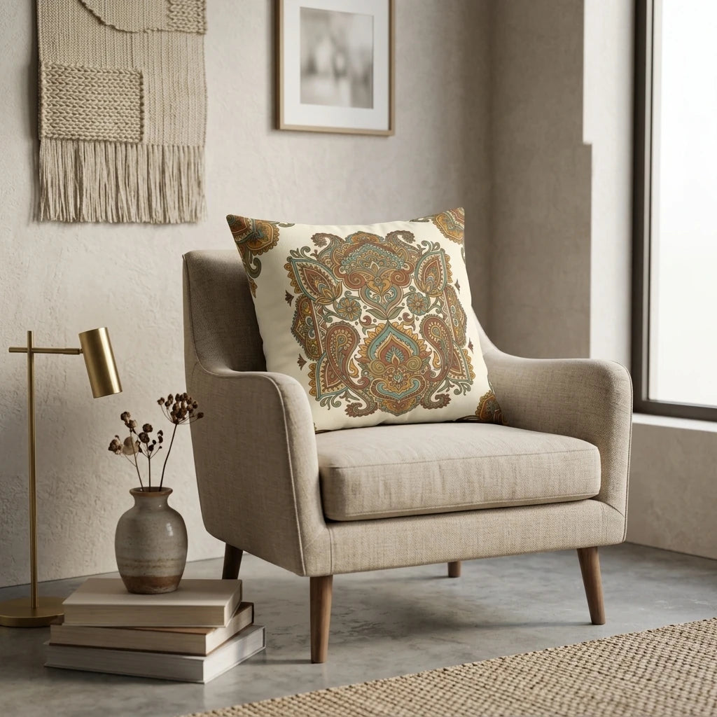 Decorative paisley cushion on a beige armchair in a cozy neutral living room with aesthetic home decor, perfect for bohemian interior styling.