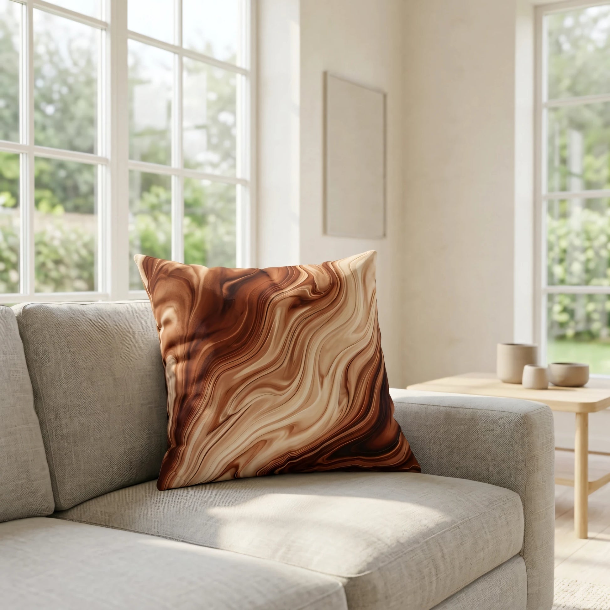 Brown marbled decorative pillow on a light grey sofa in a bright, sunlit living room setting with natural light and modern home decor.