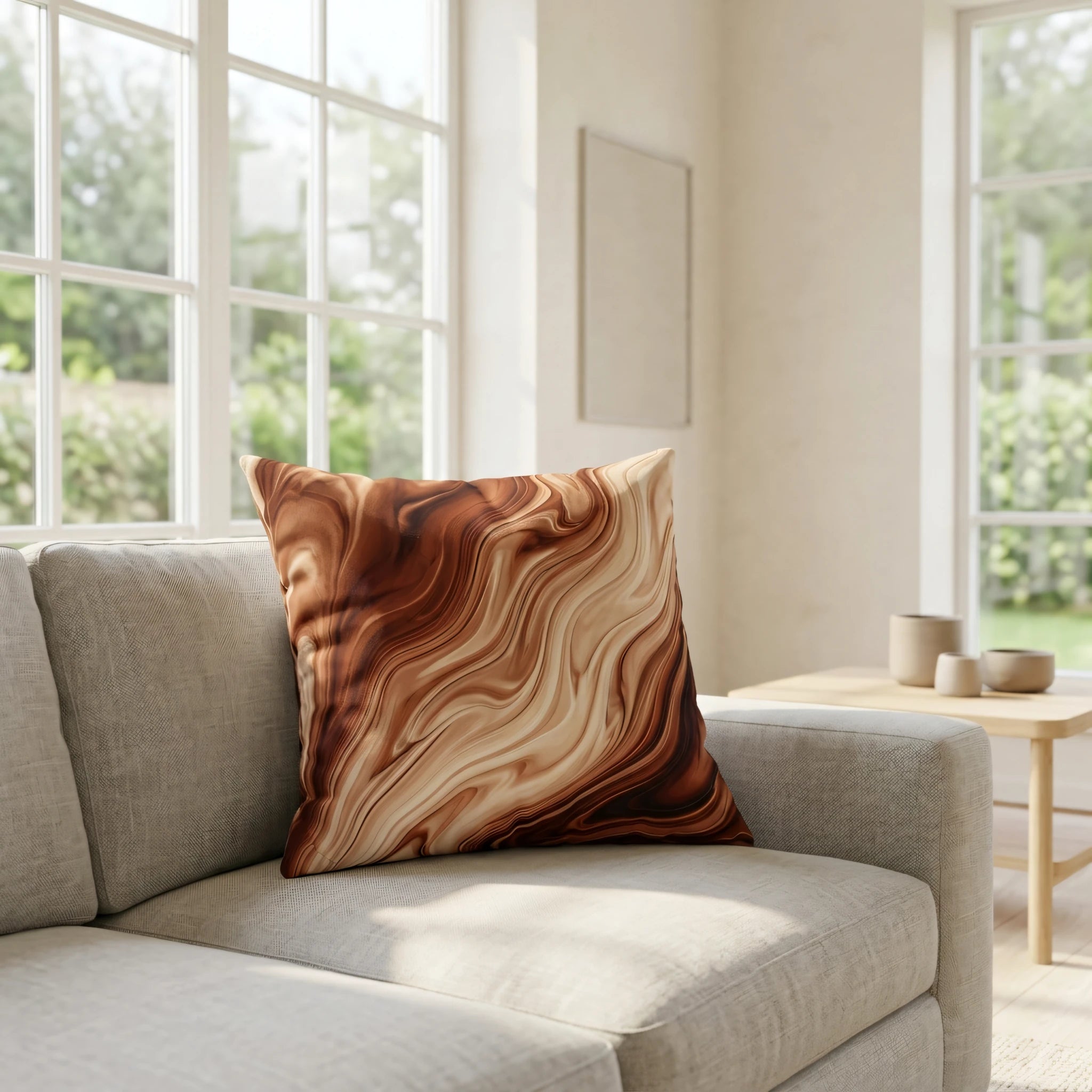 Brown marbled decorative pillow on a light grey sofa in a bright, sunlit living room setting with natural light and modern home decor.