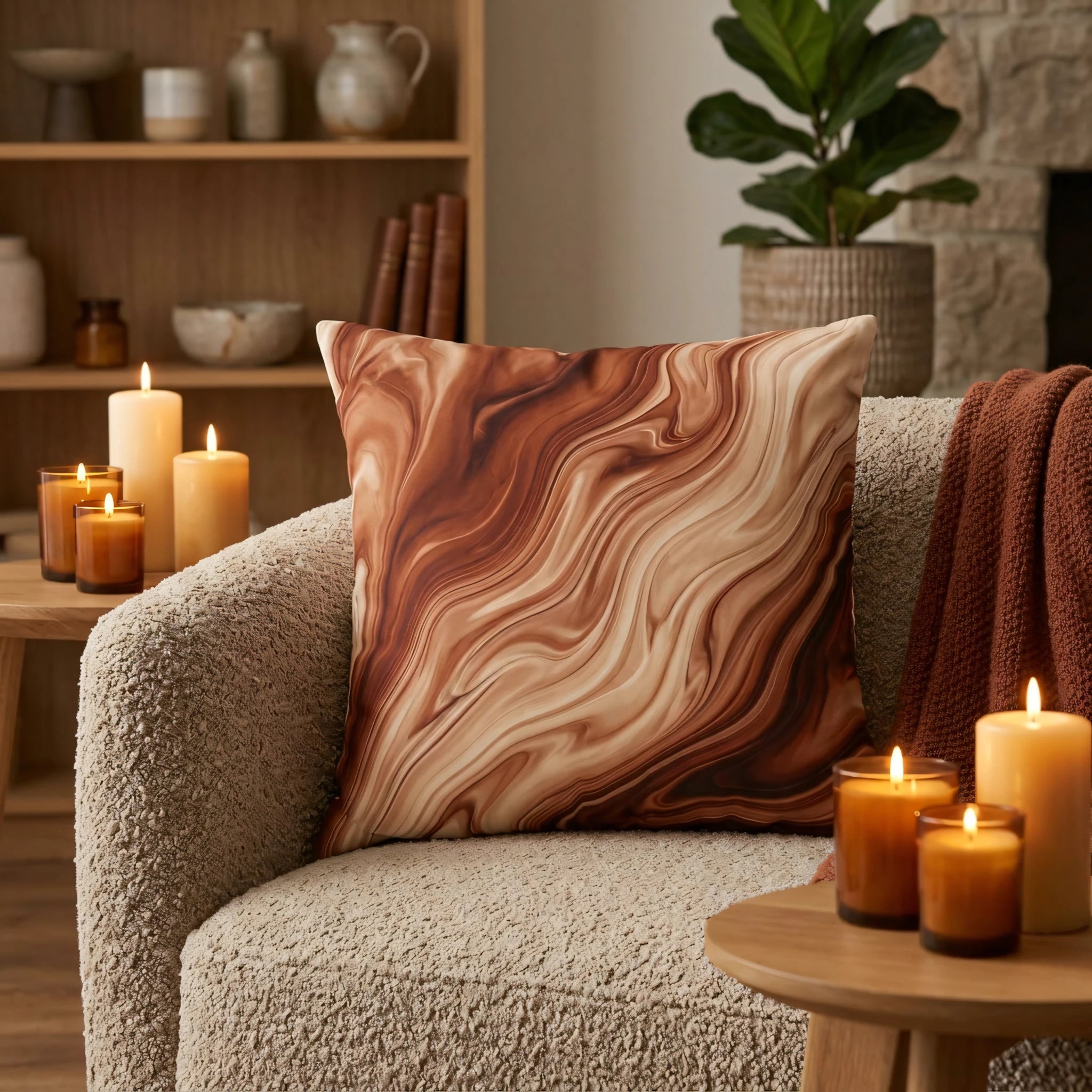 Decorative throw pillow with a brown and cream marble swirl pattern on a textured armchair in a cozy, candle-lit room.
