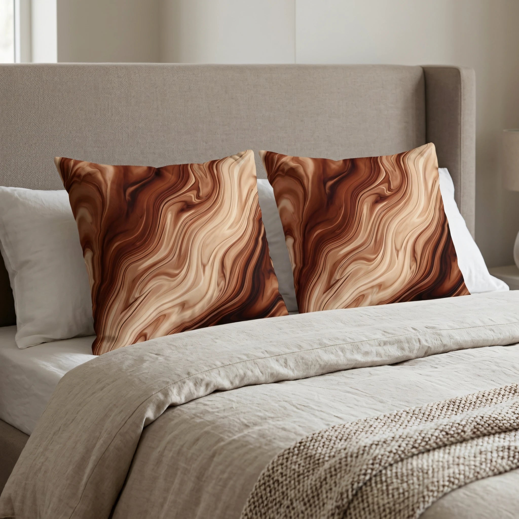 Two decorative pillows with a brown and tan marbled pattern on a modern bed with neutral linens and a beige upholstered headboard.