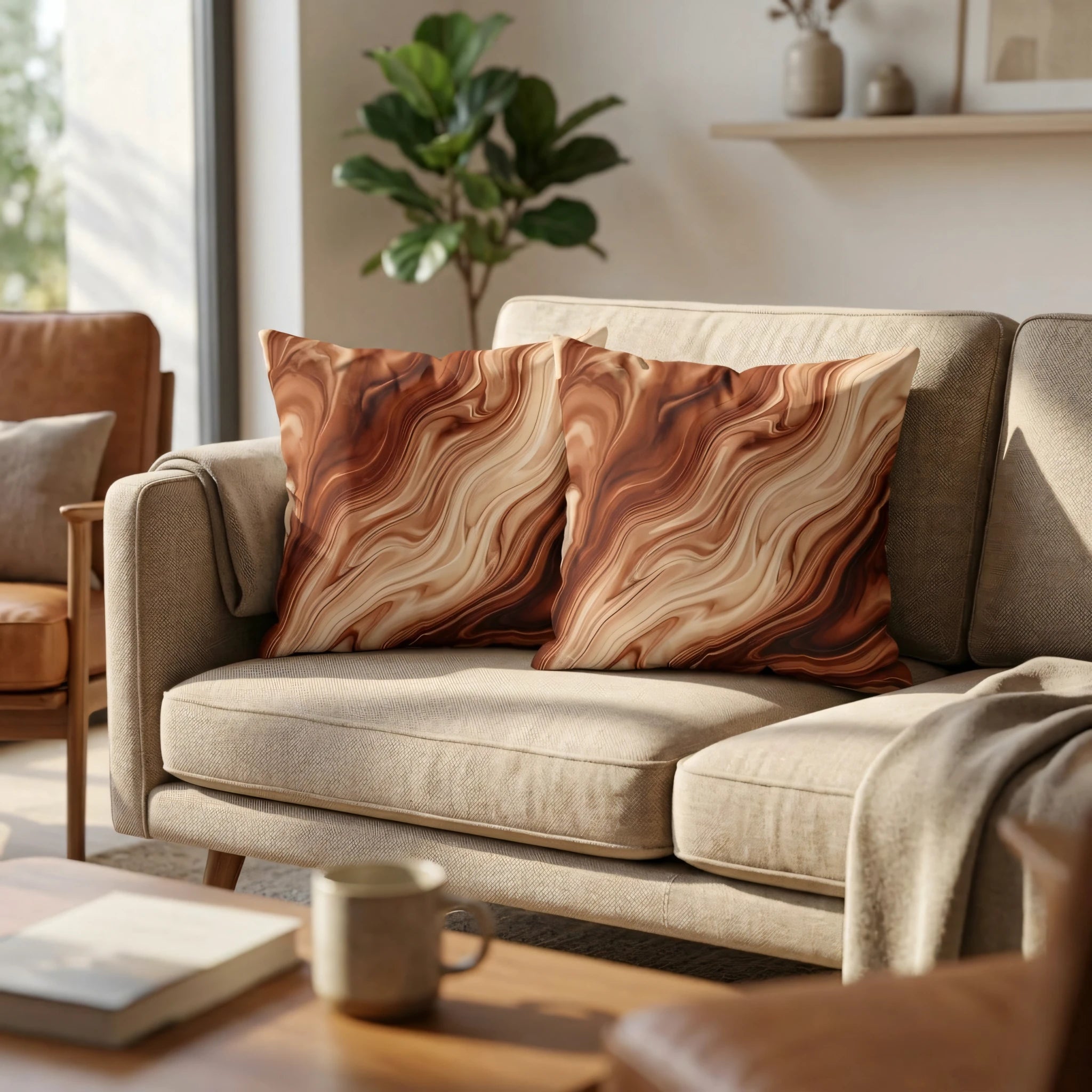 Pair of decorative cushions with a brown and tan marble pattern on a beige sofa in a bright, modern living room lifestyle scene.