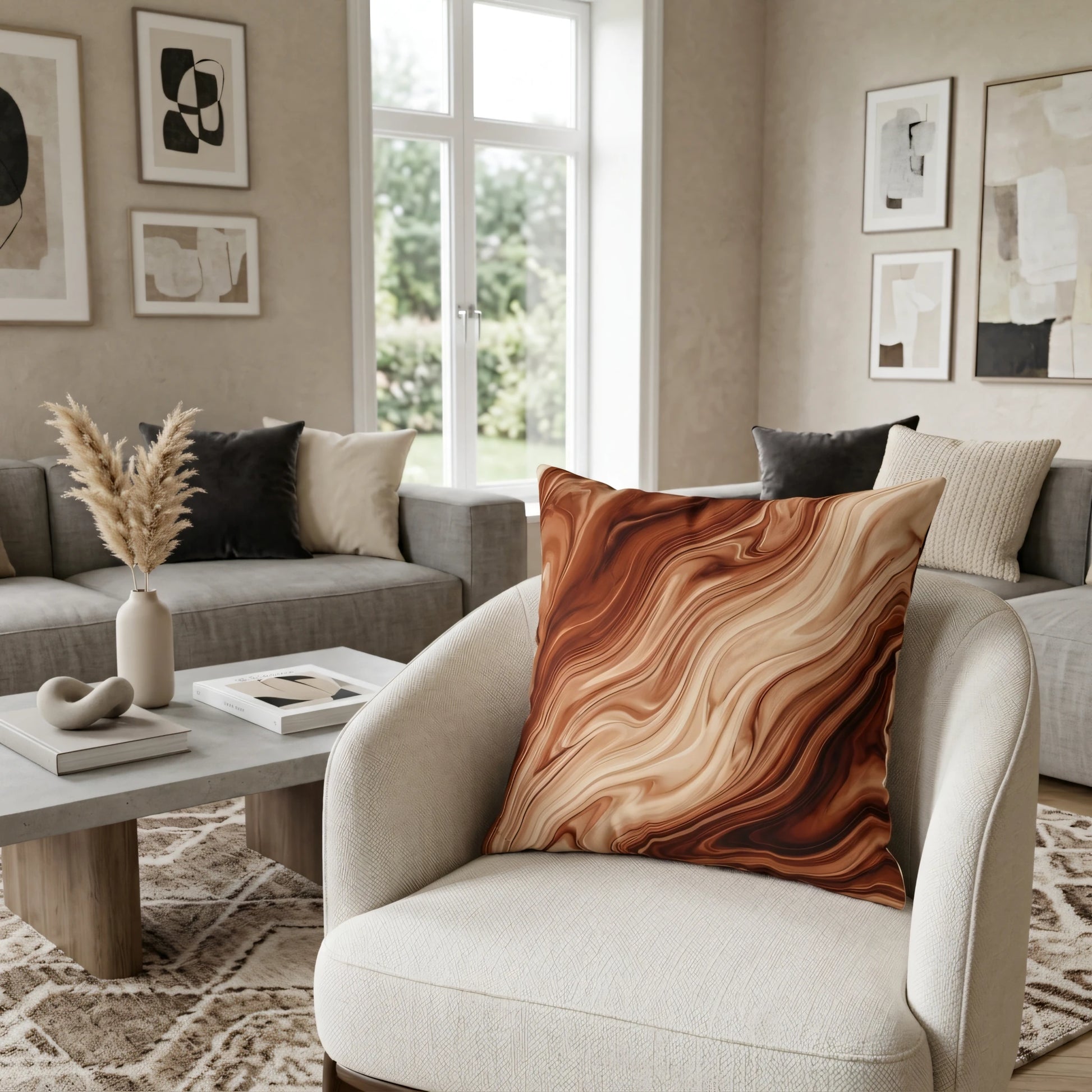 Brown and tan marbled swirl throw pillow on a white armchair in a modern living room with neutral decor and abstract wall art.