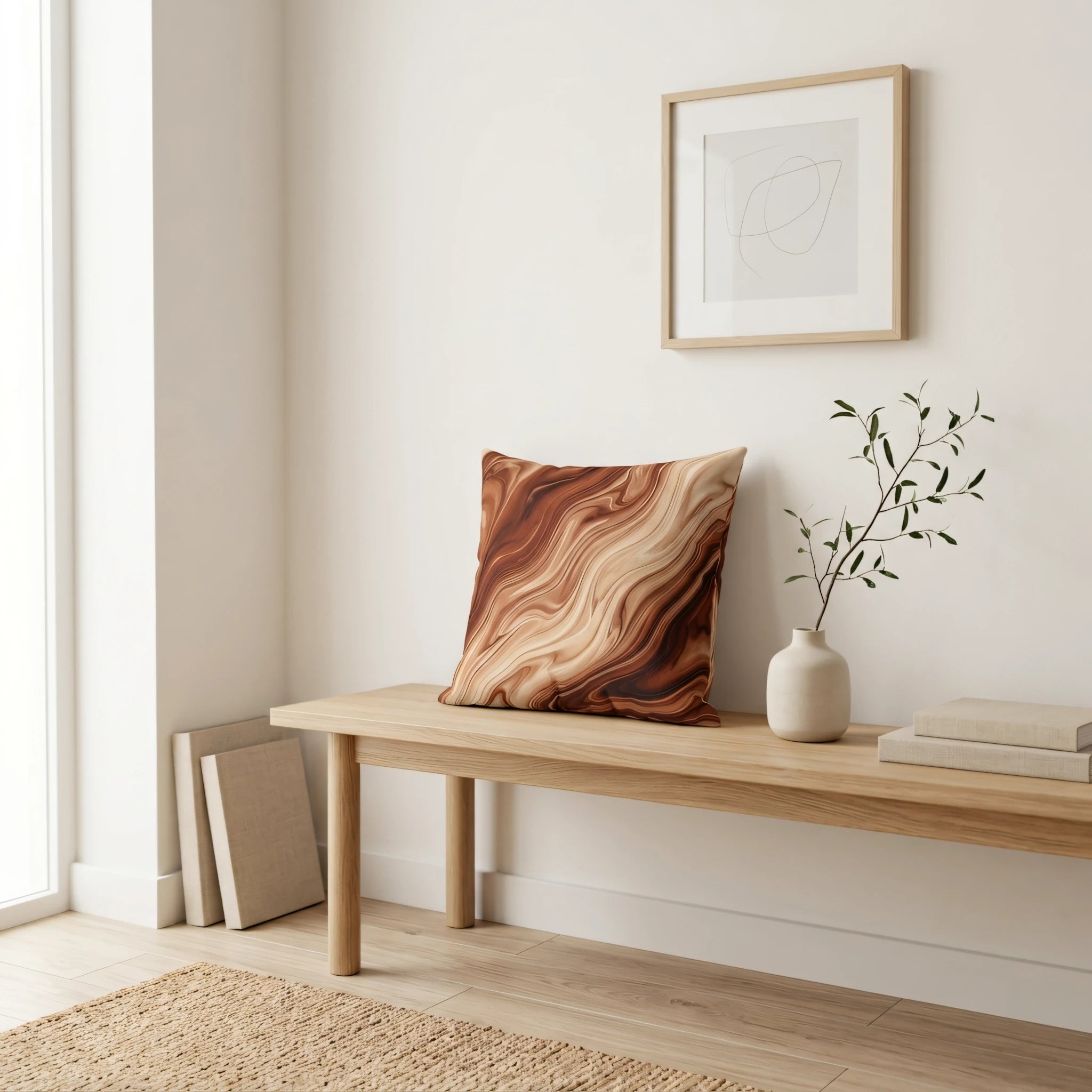 Brown and beige marbled decorative cushion on a wooden bench in a minimalist interior with neutral wall art and a small vase.