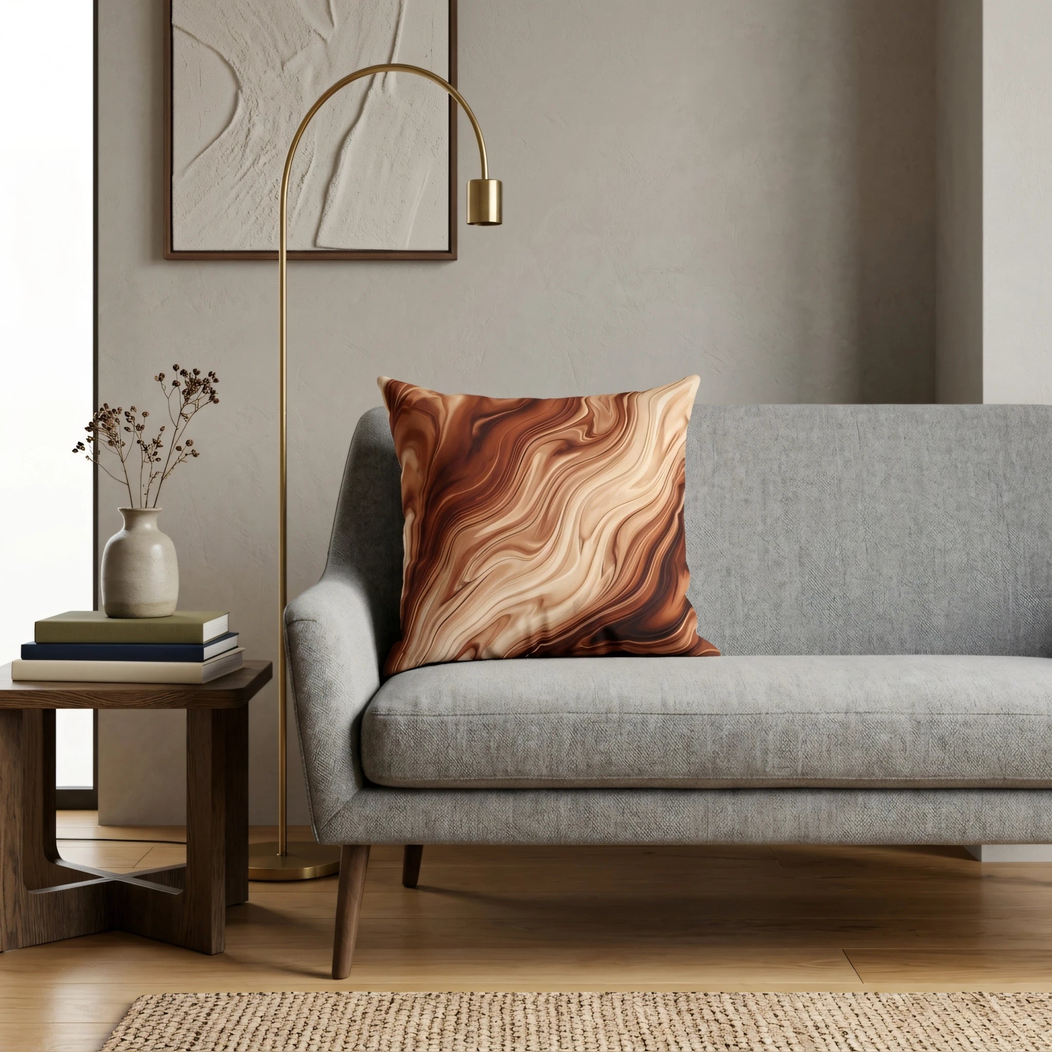 Brown and tan marble pattern throw pillow on a grey sofa in a modern living room setting with a gold floor lamp and side table.