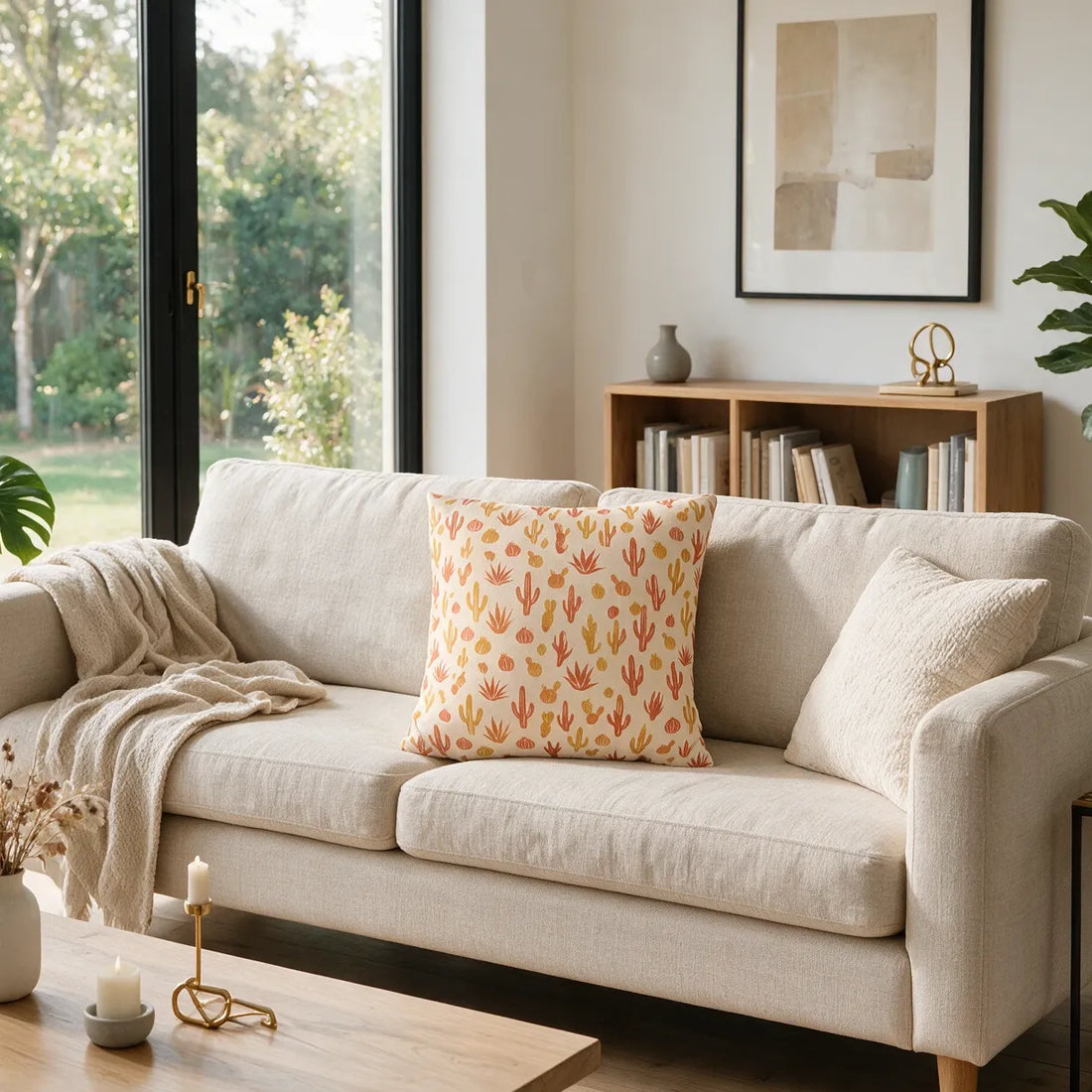 Front view of Rustic Desert Flora Cushion Cover on a white background.
