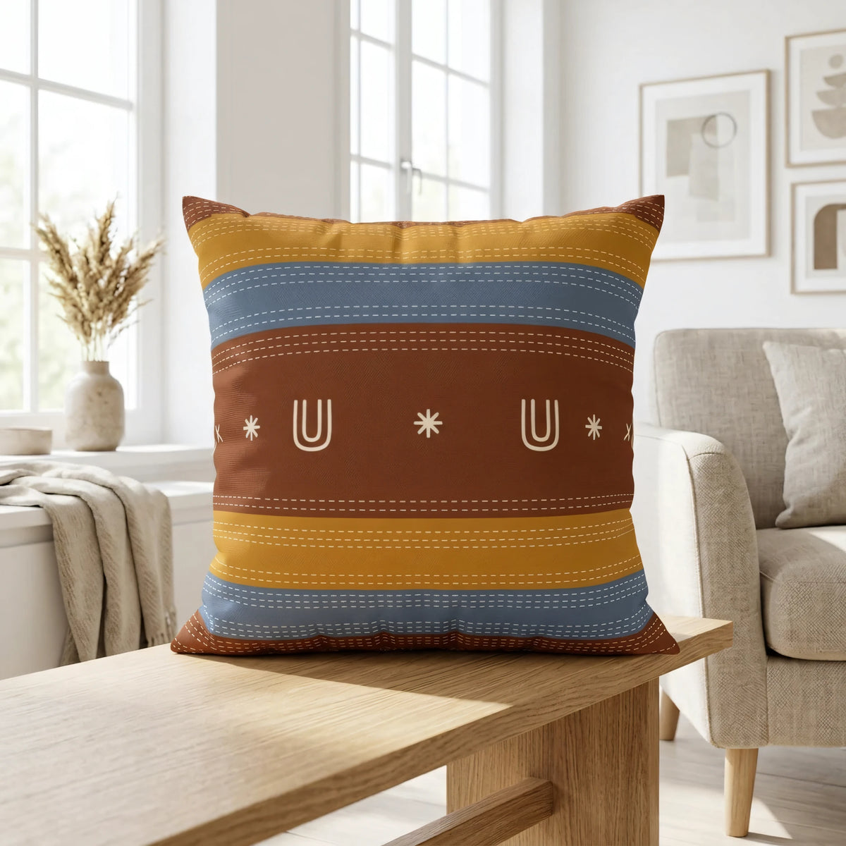 Kantha Patterned Cushion Case, lifestyle view.