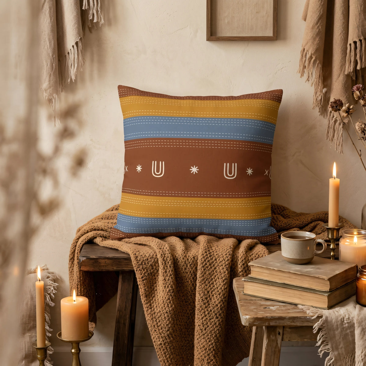 Kantha Patterned Cushion Case, lifestyle view.