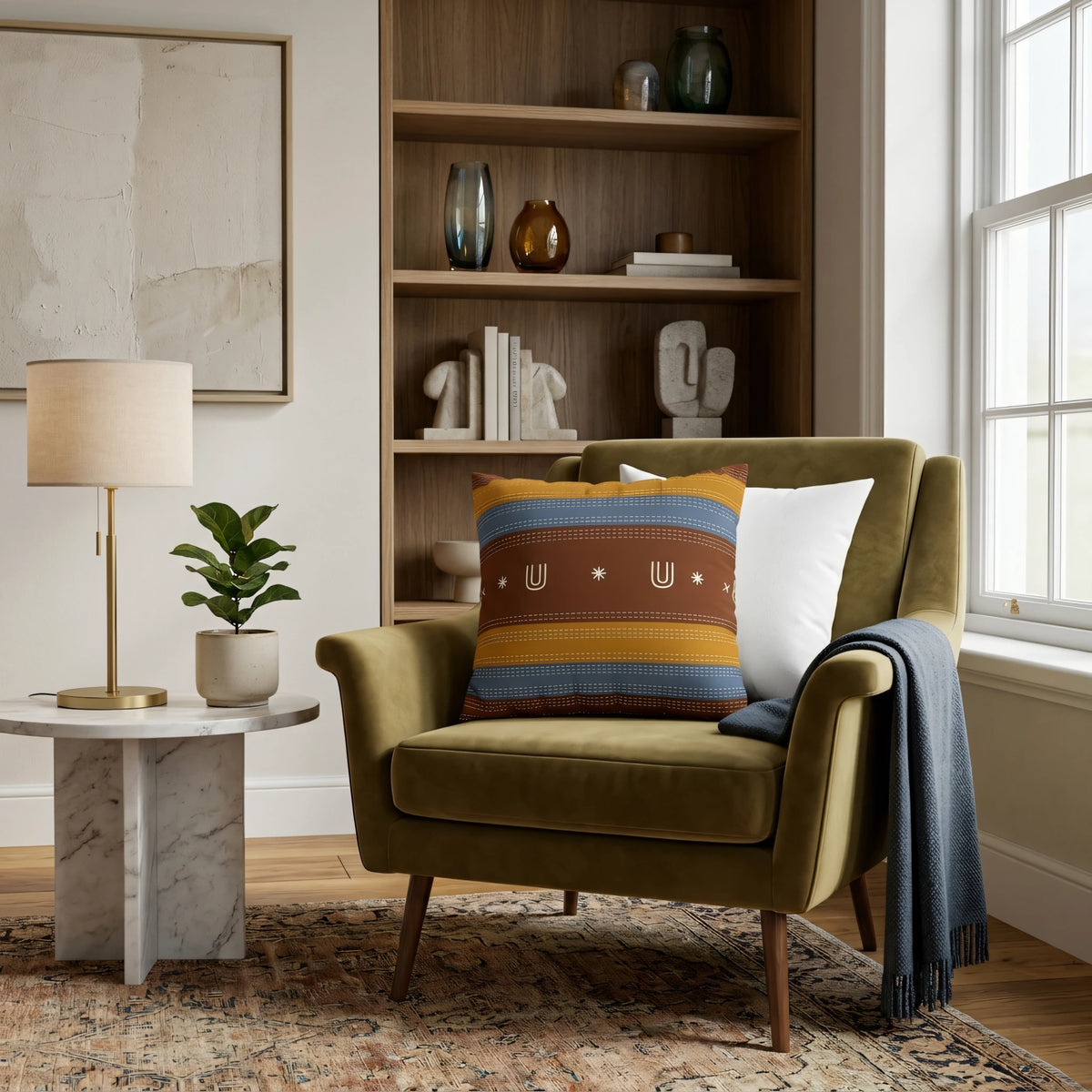 Kantha Patterned Cushion Case, lifestyle view.