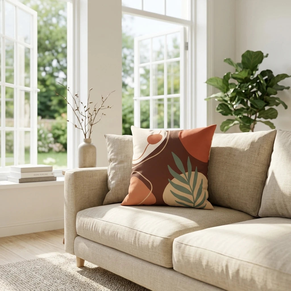 Abstract botanical cushion with earth-tone leaf patterns on a light beige sofa in a bright, sun-drenched living room with minimalist decor.