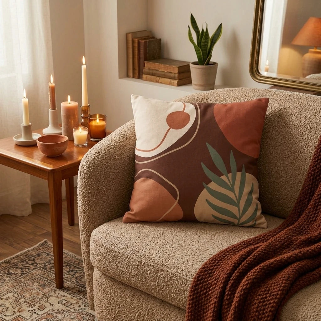 Decorative cushion featuring abstract leaf patterns in terracotta and brown on a textured bouclé armchair in a warm, candlelit room.