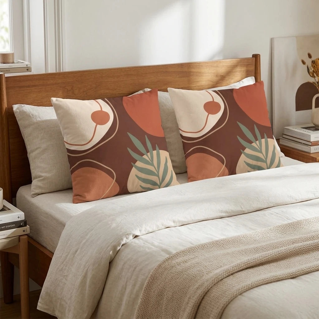 Abstract earth-toned cushions with leaf patterns on a wooden bed in a cozy bedroom, featuring terracotta and sage green home decor.