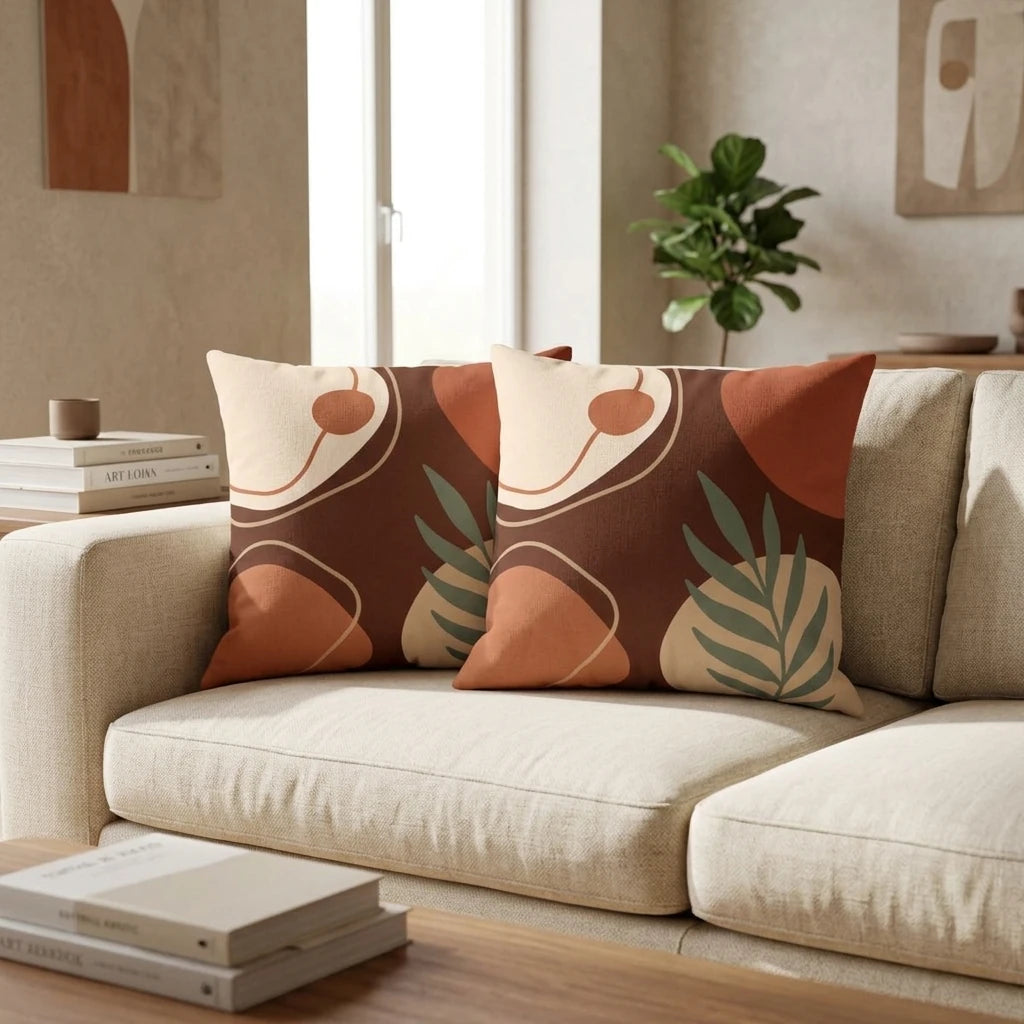 Duo of abstract throw pillows with terracotta and sage green leaf patterns on a beige sofa in a modern, minimalist living room interior.