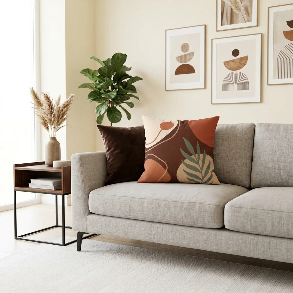 Abstract boho cushion with terracotta and sage green leaf pattern on a light gray sofa in a modern living room with earthy wall art.