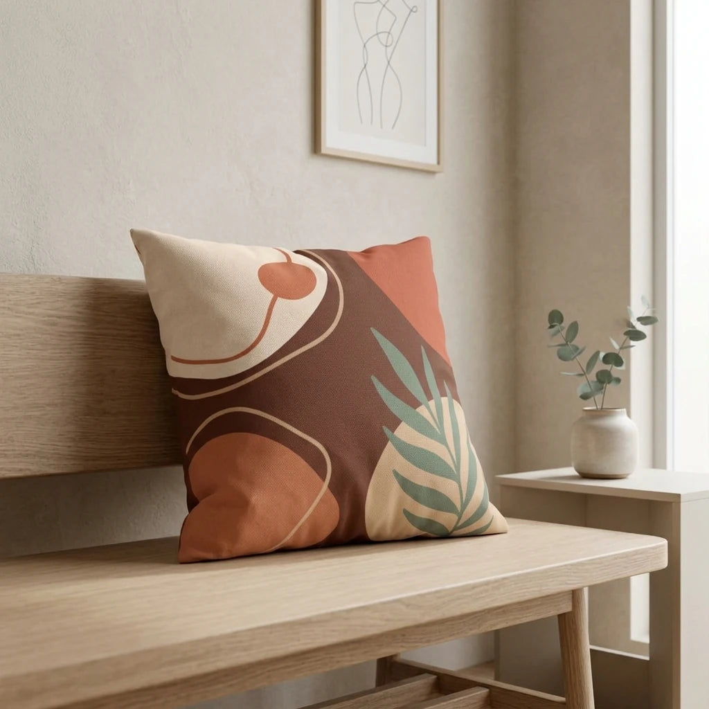 Modern throw pillow with terracotta abstract leaf design on a light wood bench in a minimalist interior setting with neutral earthy tones.