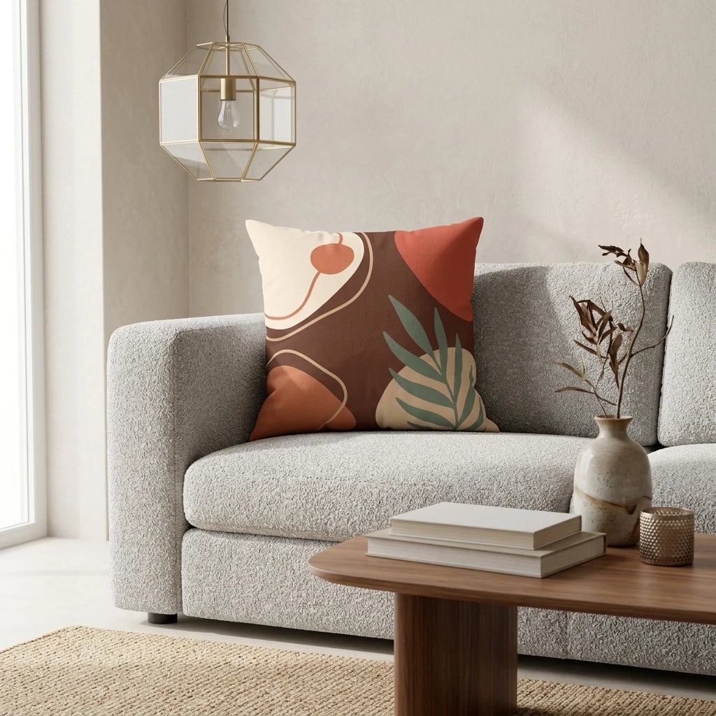 Abstract earthy tone throw pillow with botanical leaf pattern on a grey textured sofa in a contemporary minimalist living room.