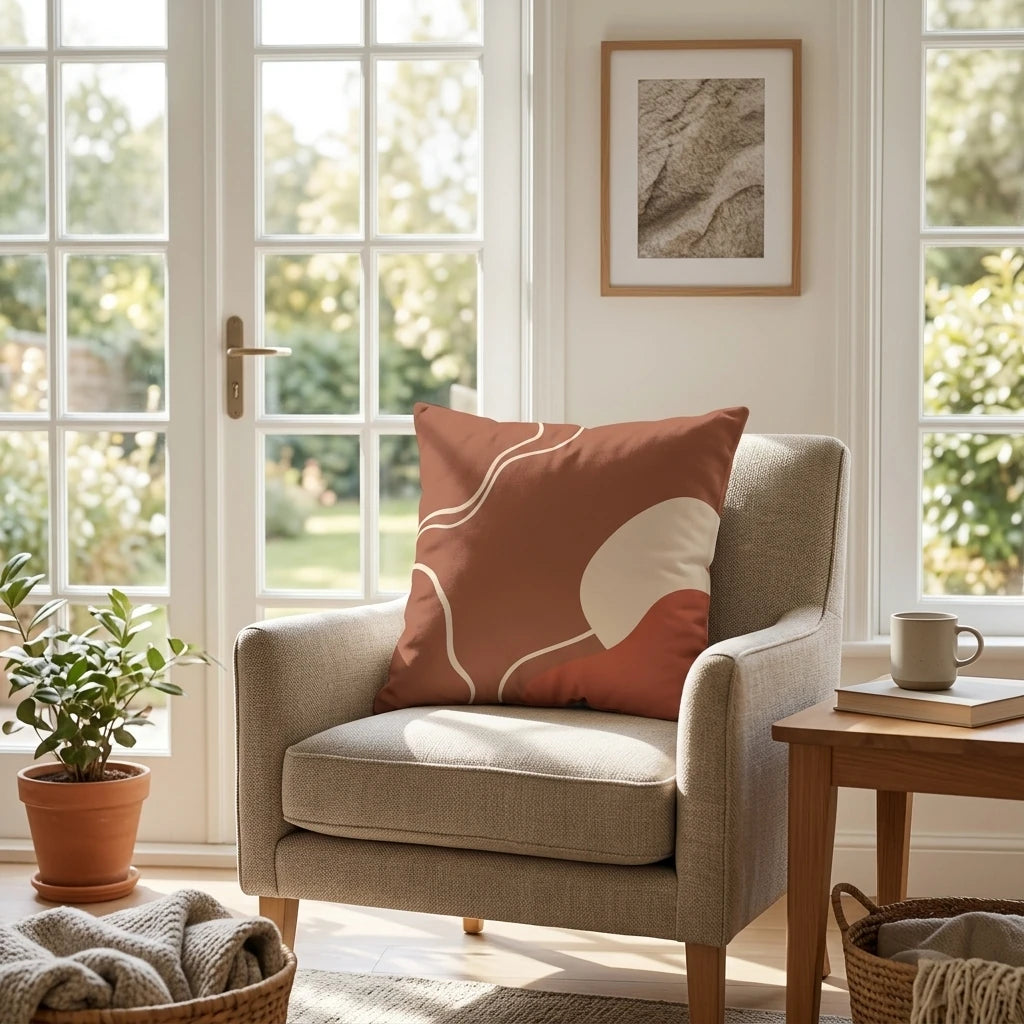 Terracotta abstract throw pillow with cream organic lines on a beige armchair in a bright, sunlit living room with large windows.