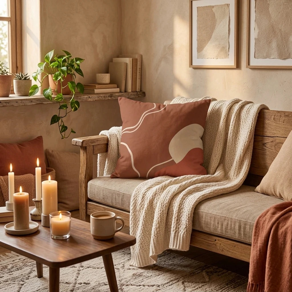 Decorative terracotta cushion with abstract cream patterns on a wooden sofa in a warm, cozy living room setting with lit candles.