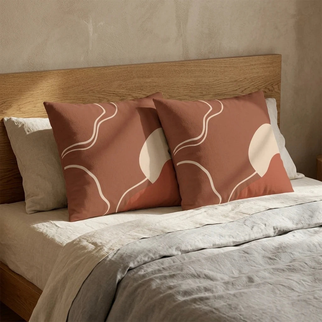 Duo of terracotta abstract cushions on a minimalist bed with a wooden headboard, featuring organic cream lines and shapes in a modern bedroom.