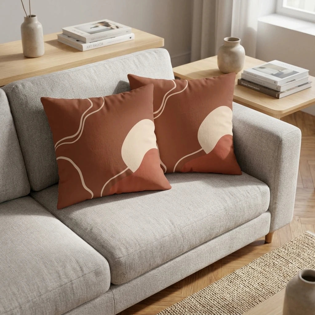 Abstract terracotta and cream cushions with wavy patterns on a light grey sofa in a modern minimalist living room lifestyle setting.