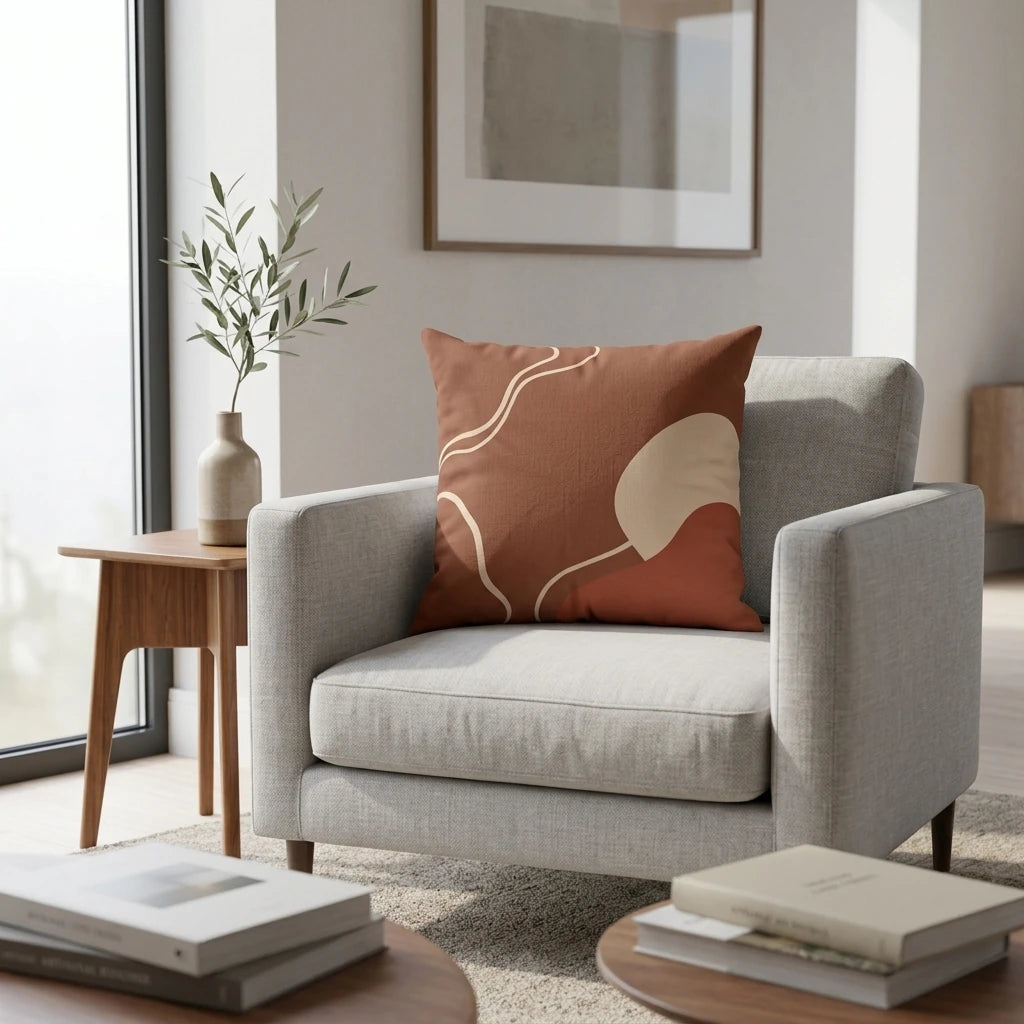 Abstract terracotta and cream decorative cushion on a grey armchair in a modern minimalist living room setting with a wooden side table.