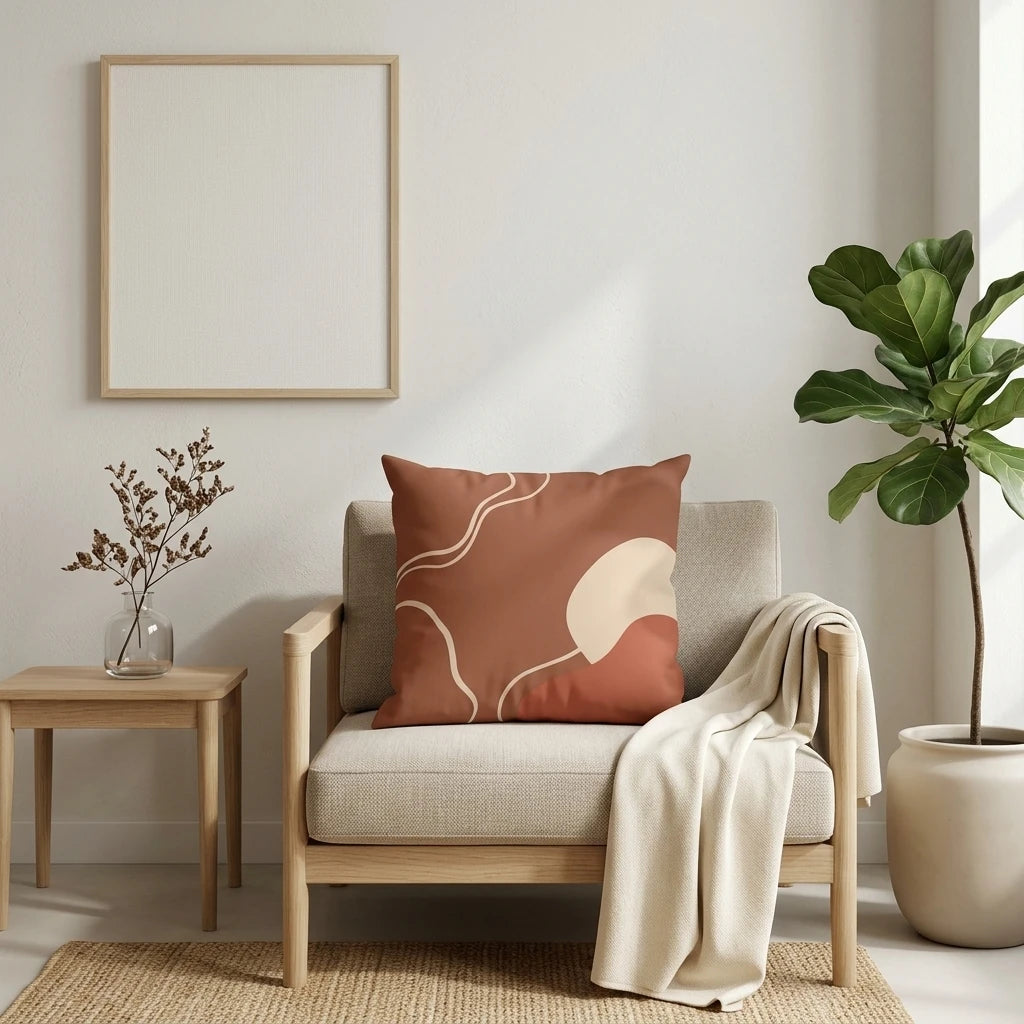 Modern terracotta abstract throw pillow with wavy lines on a wooden chair in a minimalist interior setting with a potted plant.