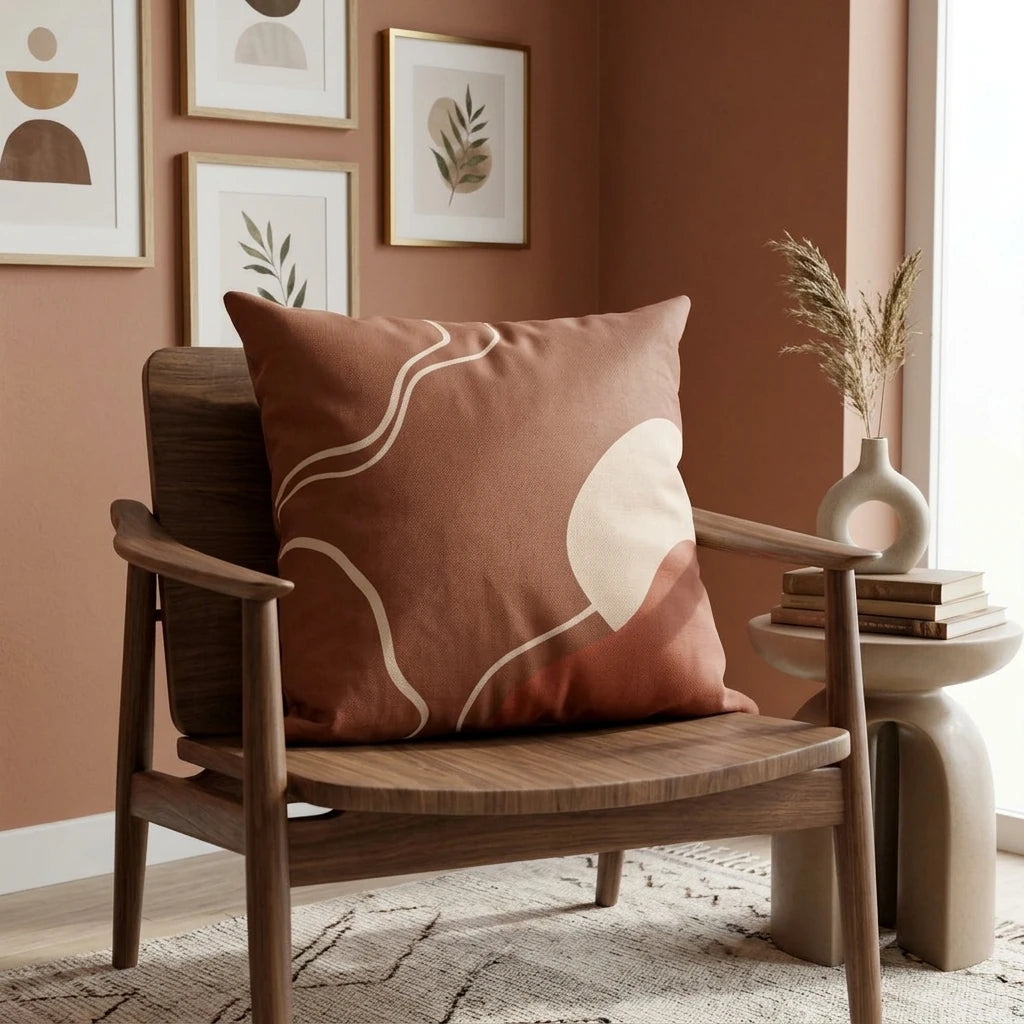 Terracotta abstract throw pillow on a mid-century wooden armchair in a warm living room with earthy wall art and minimalist decor.