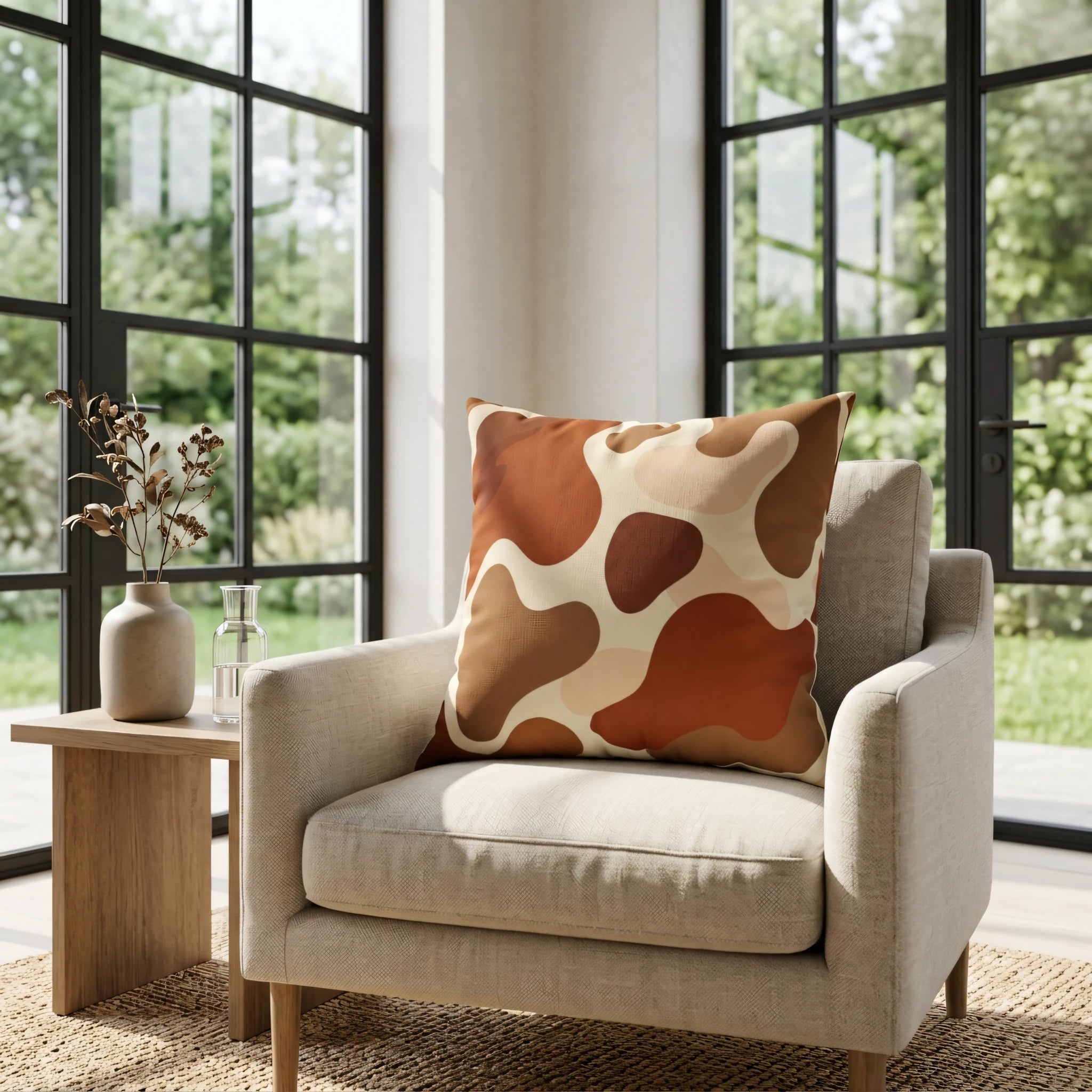 Modern throw pillow with terracotta and brown abstract shapes on a neutral armchair in a bright room with large windows and natural light.