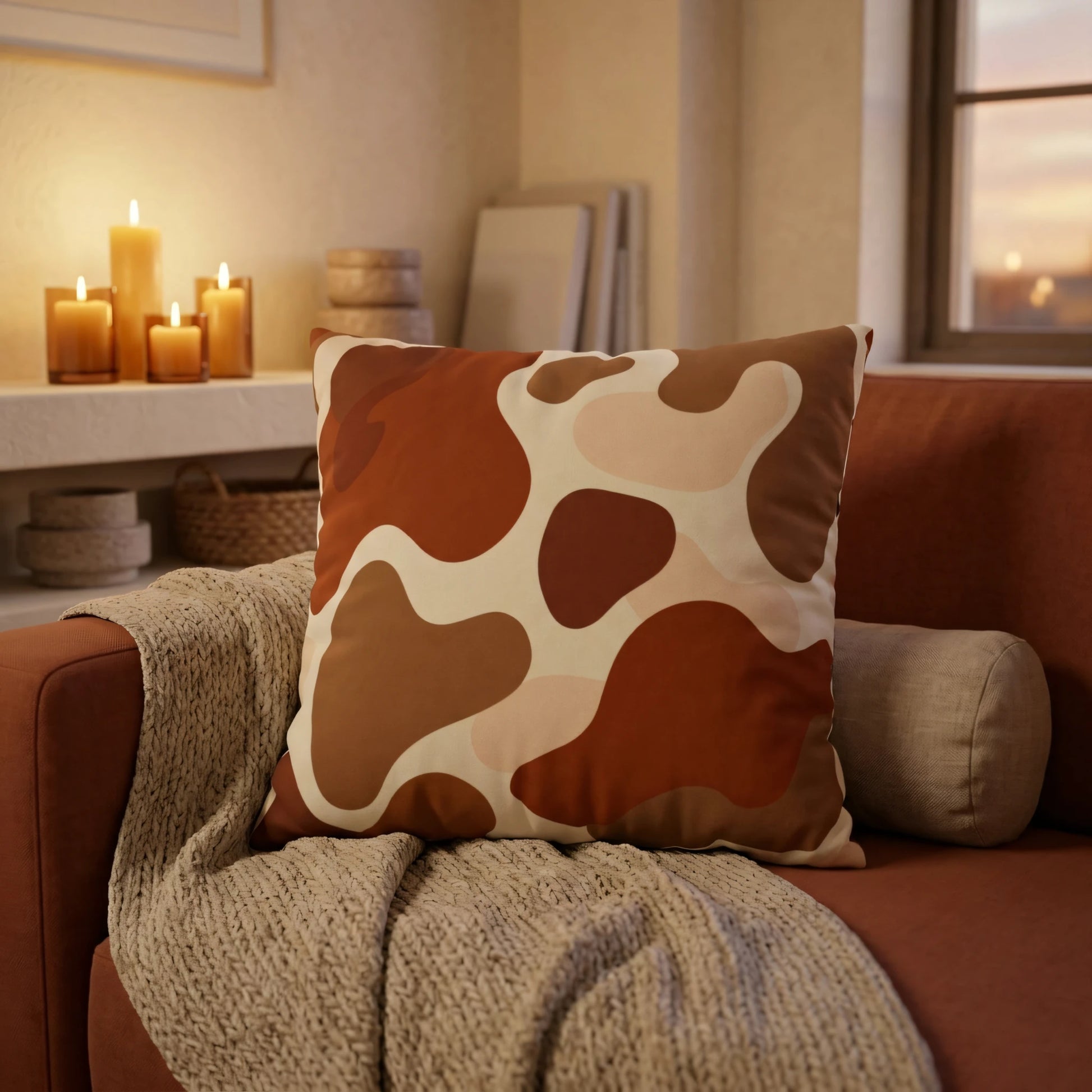Brown and tan abstract cow print throw pillow on a burnt orange sofa with a textured knit throw blanket in a cozy room with glowing candles.