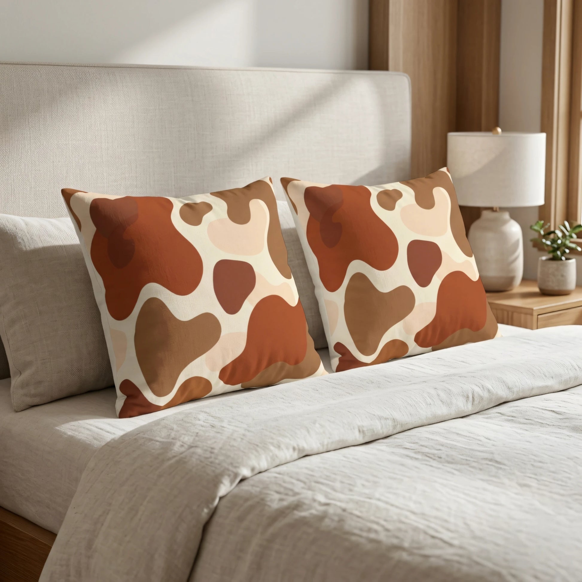 Two decorative pillows with a brown and tan abstract cow print pattern on a neutral bed in a cozy, sunlit lifestyle bedroom.