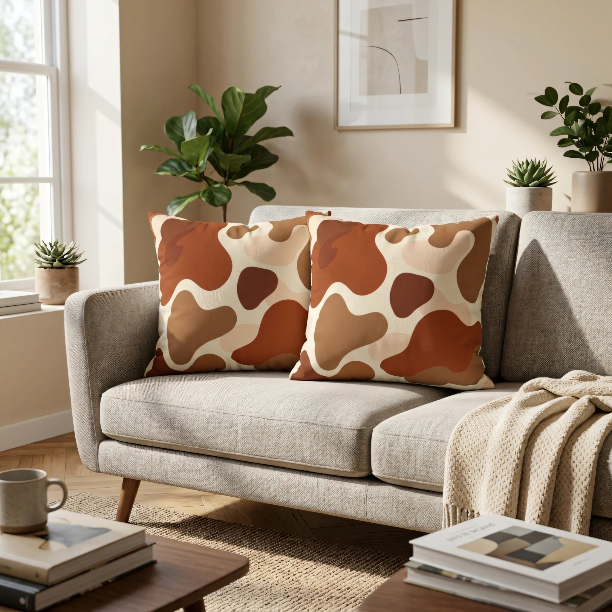 Two decorative cushions with an abstract earthy pattern in terracotta and beige on a grey sofa in a modern, sunlit living room.