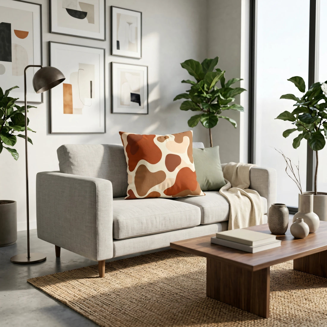 Earth-toned abstract pattern cushion on a gray sofa in a modern living room featuring minimalist wall art, indoor plants, and a wooden coffee table.