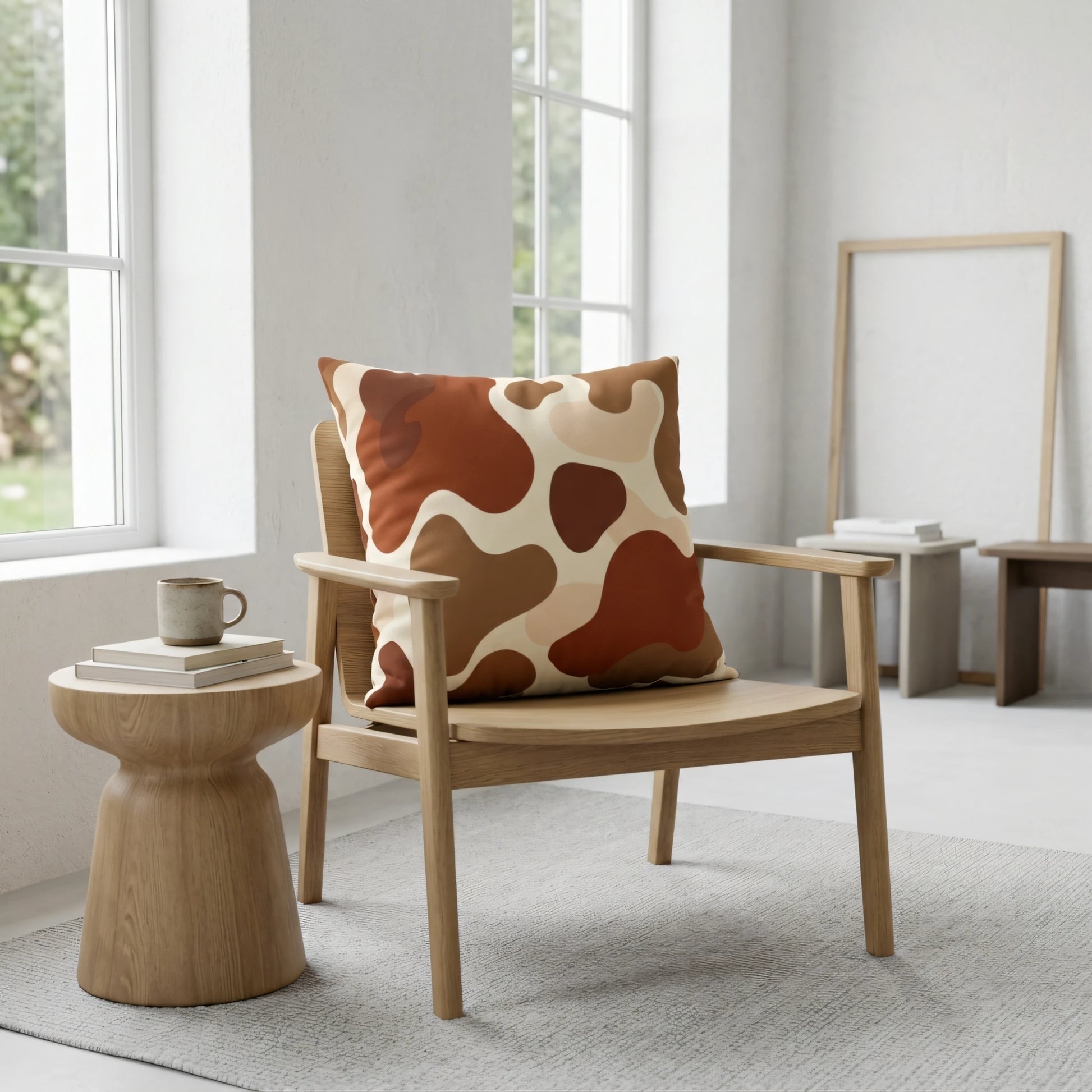 Earthy brown abstract patterned cushion on a wooden armchair in a bright minimalist interior with a side table, books, and soft natural light.