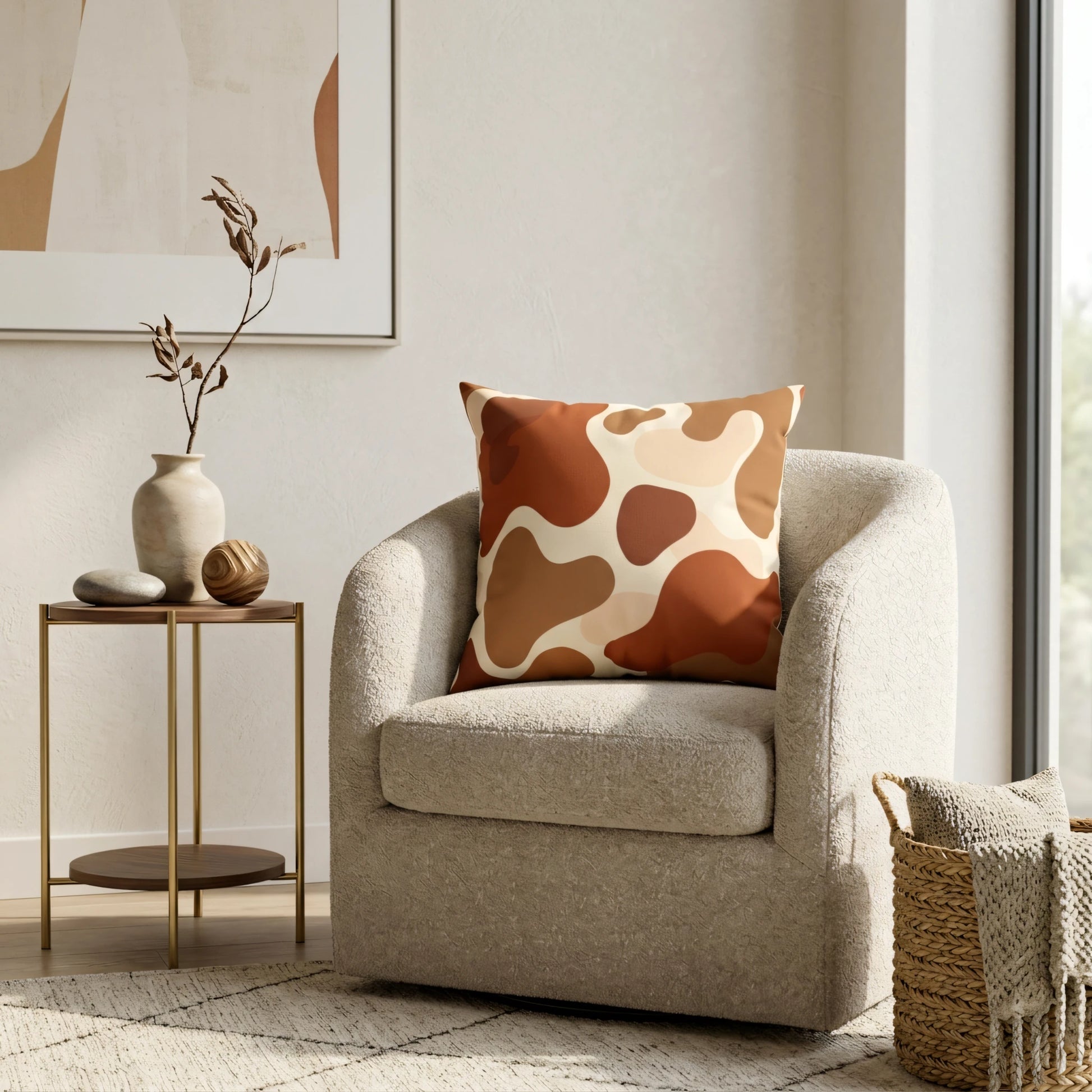 Abstract brown and beige patterned throw pillow on a textured cream armchair in a modern minimalist living room with warm natural lighting.